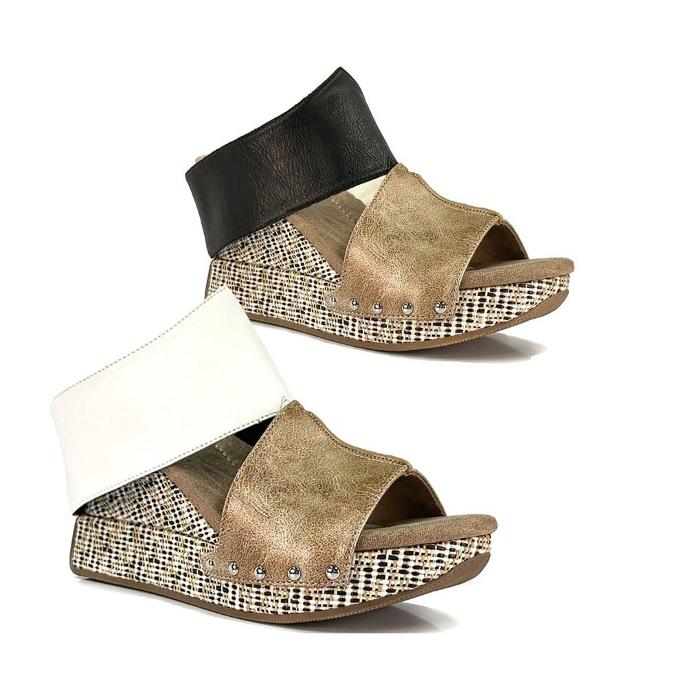 MODZORI Virginia 2 Reversible Wedge Sandals Metallic Snake White Flips to Black